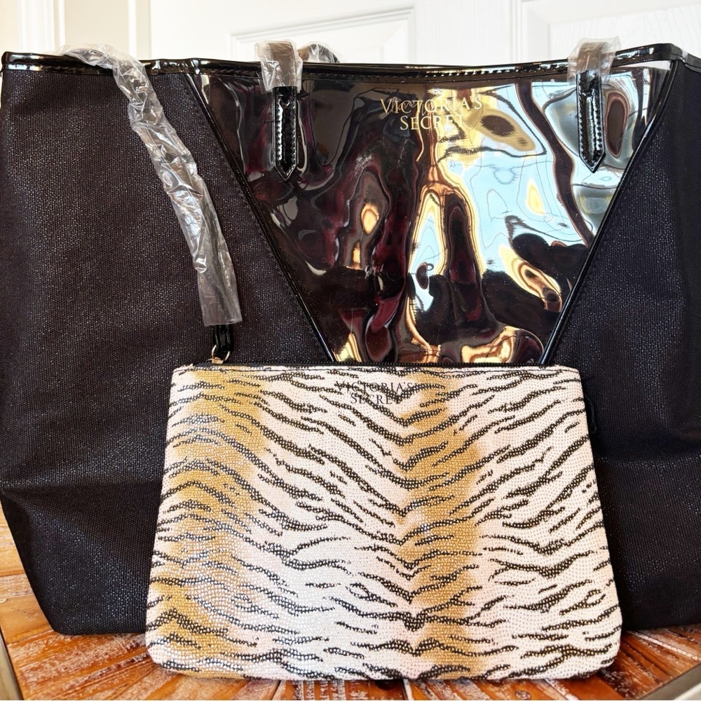 NWT Victoria’s Secret Black Canvas Tote with Leopard Pouch and PVC Details
